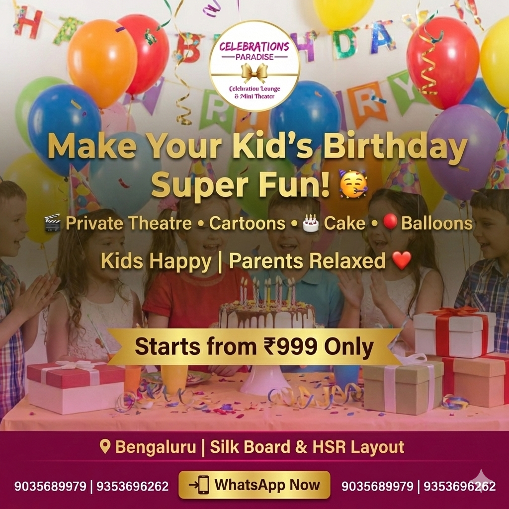 Advertisement for a birthday party service with children, balloons, and cake.