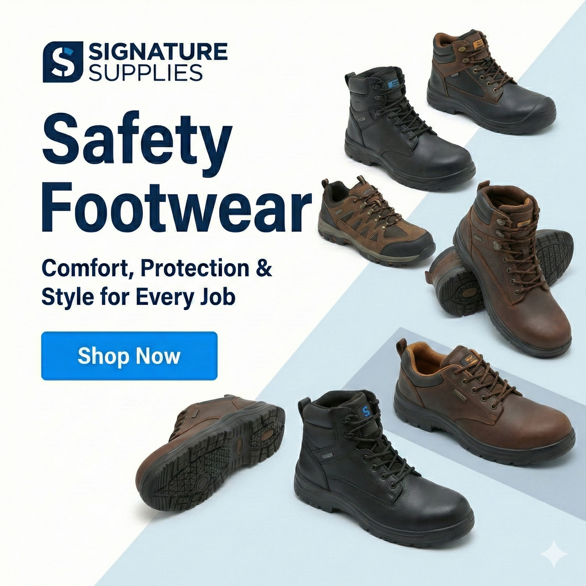 Advertisement for Signature Supplies safety footwear with various styles on a light blue background.