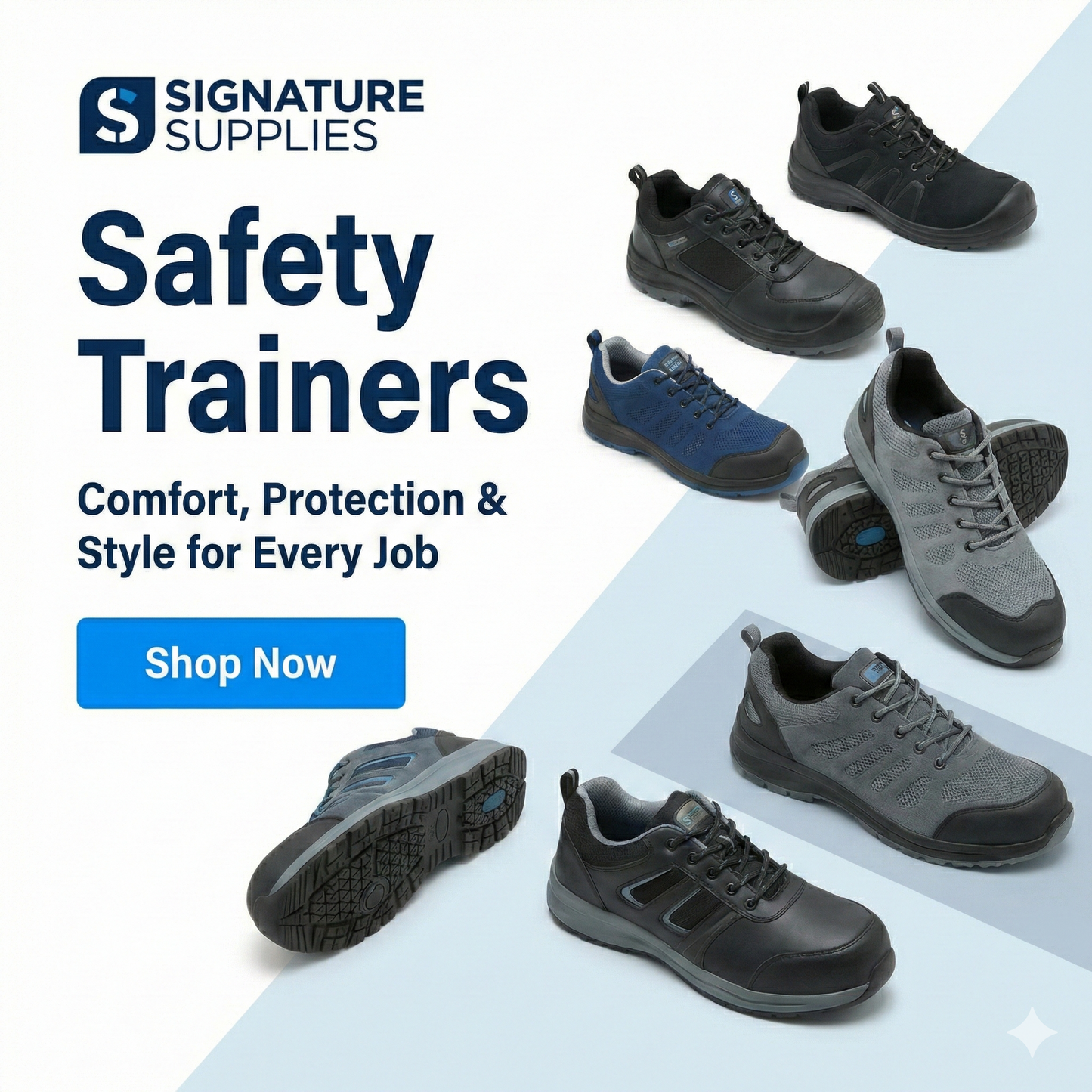Safety shoes with 'Signature Supplies' branding and promotional text on a light blue background.