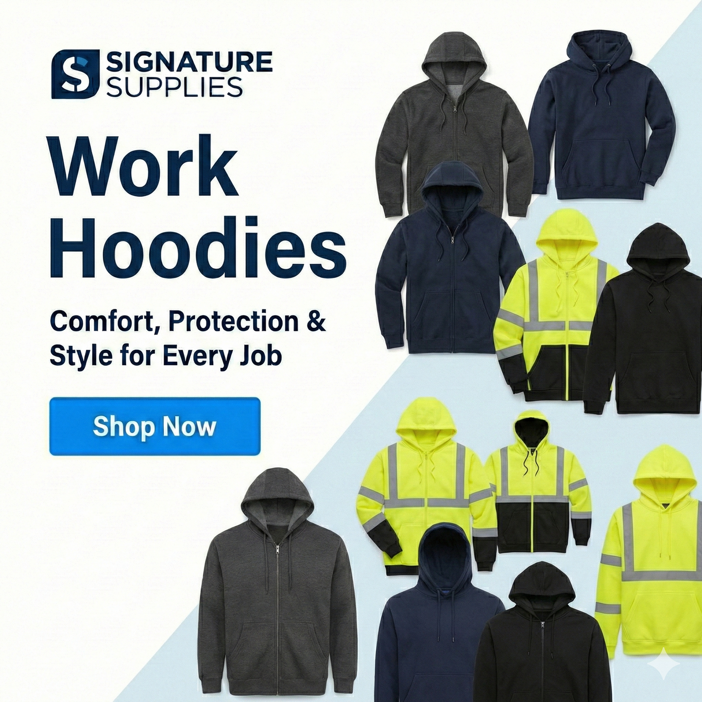 Promotional image of work hoodies with Signature Supplies branding and product display.