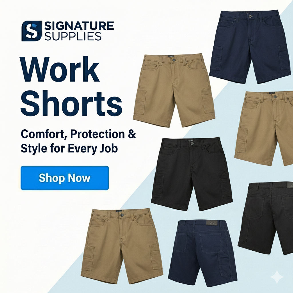 Promotional image of work shorts with Signature Supplies branding and product features.
