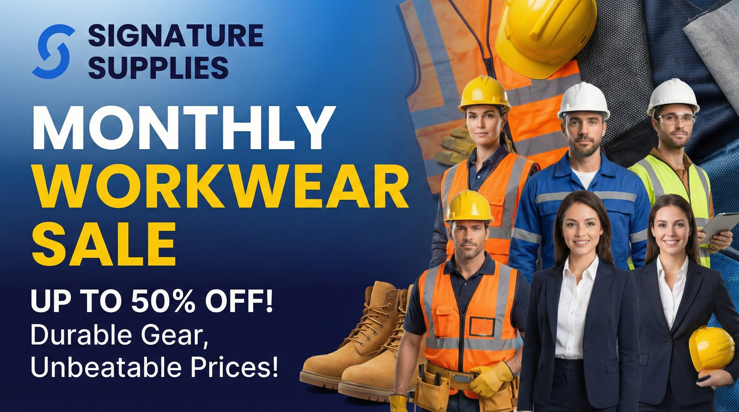 Advertisement for Signature Supplies monthly workwear sale with people wearing safety gear and promotional text.